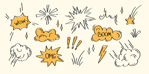 Comic explosion doodle elements set. Hand-drawn boom effects and speech bursts for posters, stickers, comics, and digital design
