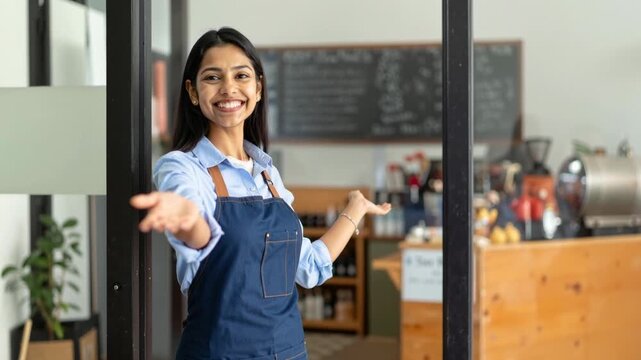 Young woman entrepreneur standing arms crossed, showing welcoming demeanor in her cafe.
