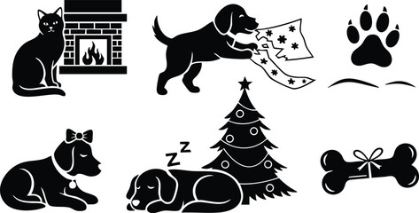 Naklejka na ściany i meble Black silhouette icons of pets with christmas tree fireplace and bone