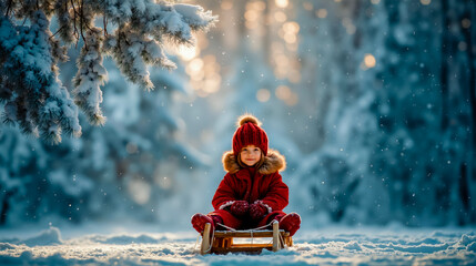 A young child in a red coat and hat is sitting on a sled in a snowy forest
