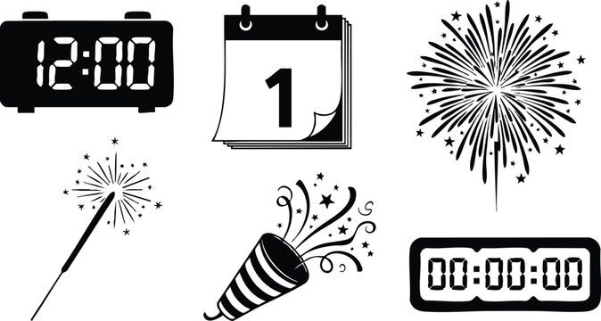 New year celebration icons with clock calendar fireworks and party popper