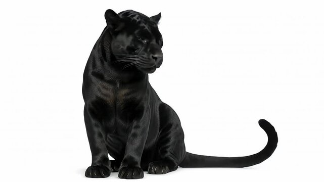 A majestic black big cat sits calmly, observing its surroundings with an intense gaze against a pristine white background. Its sleek, dark fur accentuates its powerful physique and piercing yellow eye