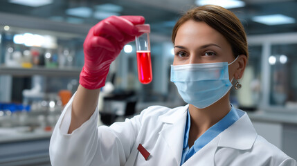 Medical professional in protective face equipment holding glass vial with red specimen in clinical laboratory setting, with copy space