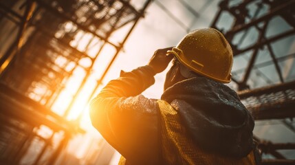 Construction worker wearing a yellow hard hat looking up at the sky during sunset