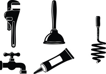 Plumbing tools vector illustration set with wrench plunger faucet tube and auger