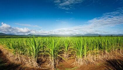 lush sugarcane field on blue sky creating a warm agricultural landscape on rural farmland