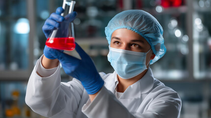 Healthcare worker in full safety gear handling glass container with red sample in indoor medical laboratory, with copy space