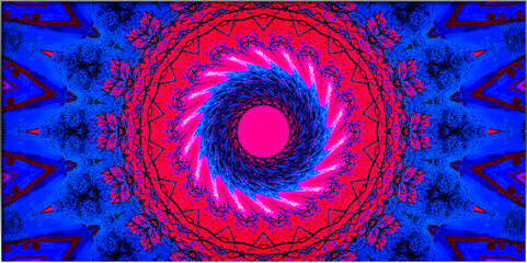 A mesmerizing, circular mandala with intricate geometric patterns in vivid pink and blue hues. The design creates a hypnotic, swirling effect.