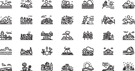 Fototapeta premium Stylized Landscape Scenes and Natural Elements in Outline Icons on White Background mountain hill