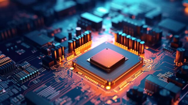 A close-up, angled view of a glowing microchip on a circuit board, highlighting futuristic technology. Ideal for tech-themed video content. Live desktop wallpaper.