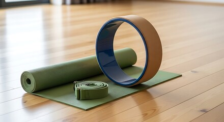 Yoga mat wheel and strap on wooden floor ready for exercise and stretching in a studio setting