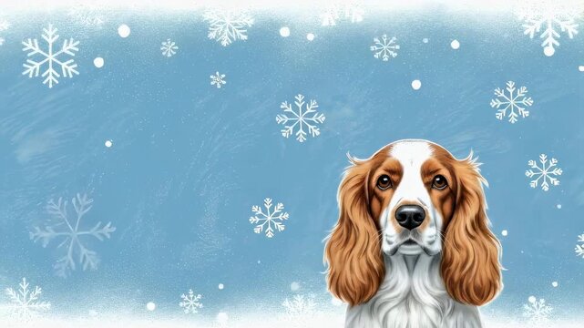 English cocker spaniel dog head in a winter snow scene, cute animal portrait with snowflakes falling for winter holiday design.