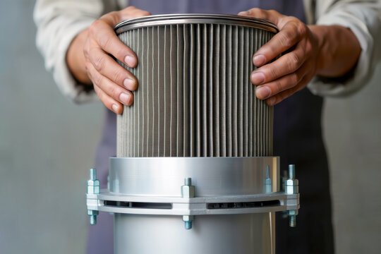 Technician hands installing pleated industrial air filter cartridge into housing.