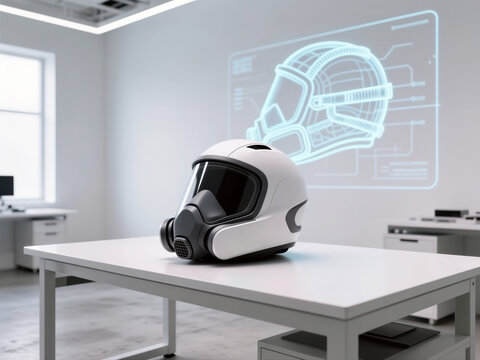 White safety respirator helmet on desk with holographic technical schematic.