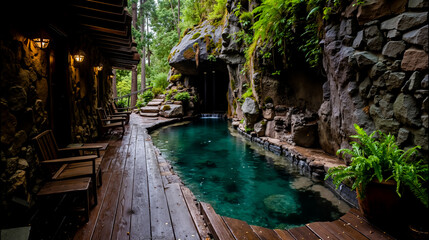 A serene outdoor setting featuring a wooden deck overlooking a tranquil pool of water surrounded by lush greenery and stone walls