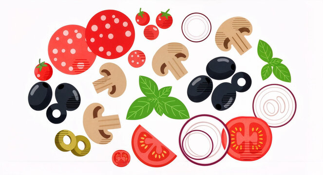 Colorful illustrated pizza toppings scattered on white, great for food branding, menu design elements, and playful culinary graphics.