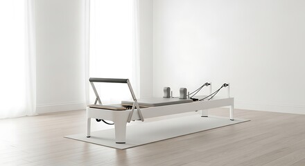 A pilates reformer machine sits on a mat in a bright room with natural light coming through curtains