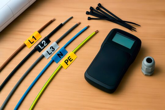 Electrical wiring kit with labeled phase cables, multimeter, and cable ties on desk.