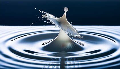 liquid impact macro white milk droplet crown splash pristine surface elegant formation circular ripples expanding outward professional photography
