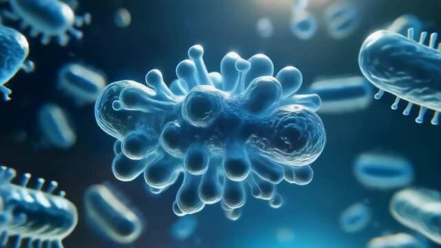 Vibrant microscopic visualization of diverse microbial cells gracefully suspended and navigating within a glowing fluid environment, emphasizing cellular biology and potential pathogens