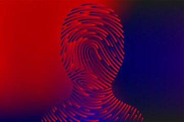 Digital identity and biometrics concept. Human silhouette formed by fingerprint lines against a vibrant red and blue gradient background, symbolizing security and technology.