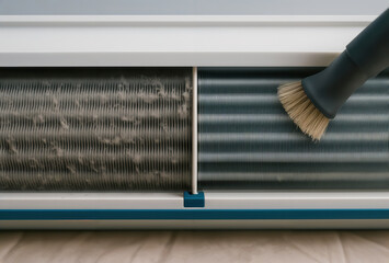 Vacuum brush cleaning dust from dirty air conditioner radiator fins.