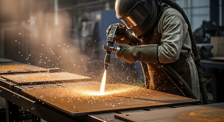 A worker in protective gear uses a plasma cutter to cut metal, creating sparks and a bright light in an industrial setting