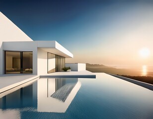 minimalist modern villa exterior white cubic design infinity pool in front bright sunlight reflecting on water