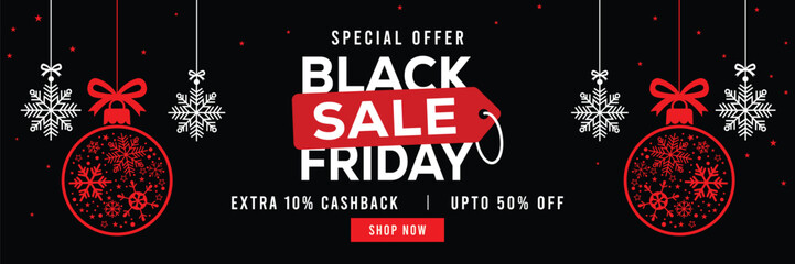 Festive Black Friday sale banner with hanging snowflakes and gift boxes, bold red and white typography on black background, special offer, extra cashback and discounts, modern holiday promotion design