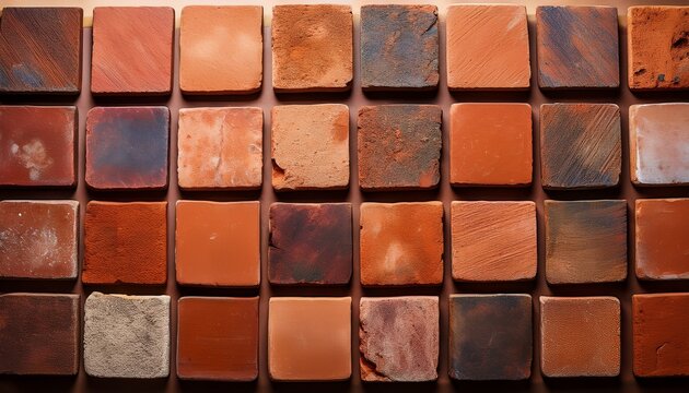 raw terracotta clay tile samples arranged in grid formation showcasing natural weathered textures warm rust orange tones authentic handmade surfaces