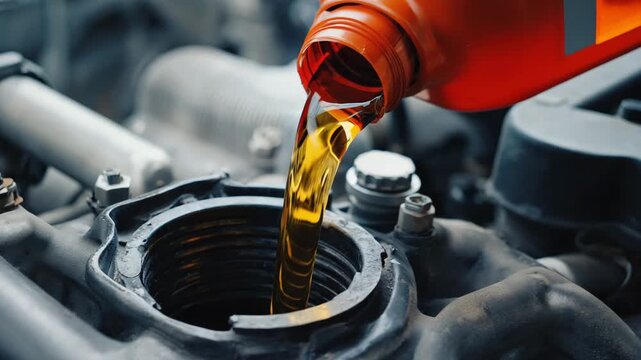 Close-up macro of fresh golden motor oil being poured into a black engine fill cap, mechanic concept.