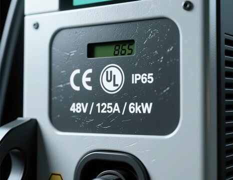 Close up of industrial machine panel with technical specifications and safety ratings.