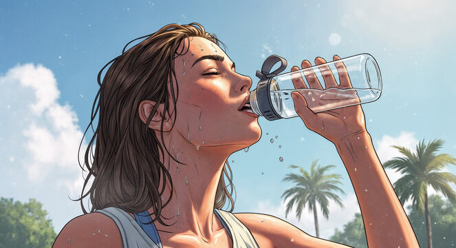 A woman drinking water from a bottle with water droplets in a tropical setting, ideal for fitness hydration ads, summer lifestyle content, and refreshing beverage promotions.