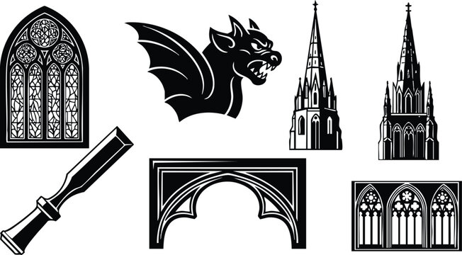 Gothic architectural elements with gargoyle and telescope vector set