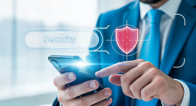Businessman using smartphone with security shield icon, concept of mobile data protection