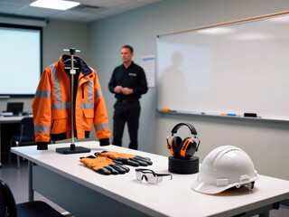 Personal protective equipment displayed on table for workplace safety training.