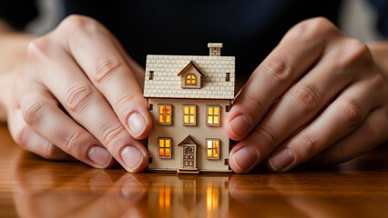 Close-up of two hands gently placing a small toy house on a table, protective caregiving concept.