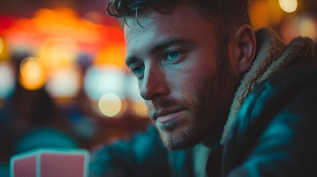 Man with a beard and blue eyes is sitting at a table with a deck of cards. He is looking at the cards and he is focused on the game - Powered by Adobe
