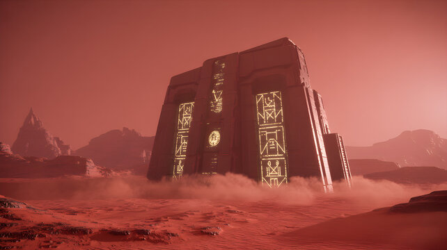 Mysterious monolith with glowing symbols standing in a red desert landscape. - Powered by Adobe