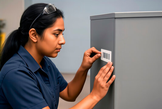 Industrial worker applying a barcode inventory label to a metal cabinet.