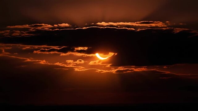 Partial solar eclipse is seen through the clouds at sunset
