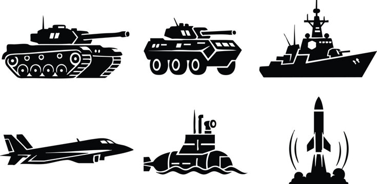 Military war vehicles icons tank armored vehicle battleship fighter jet submarine missile launch