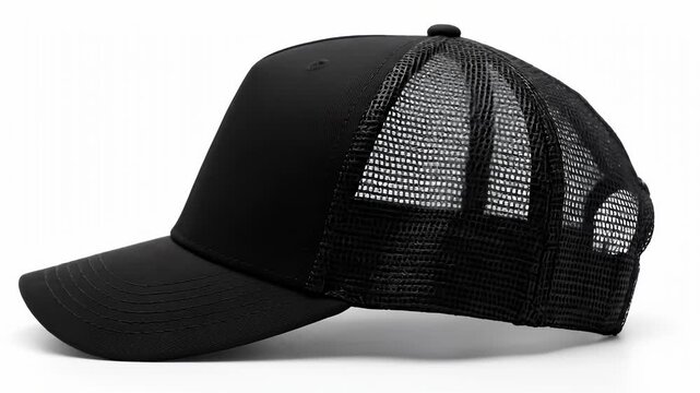 A pristine, blank black trucker cap gracefully rotates 360 degrees against a spotless white studio background, offering a comprehensive view of its design. The video highlights the cap's robust curved
