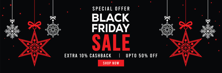 Festive Black Friday sale banner with hanging snowflakes and gift boxes, bold red and white typography on black background, special offer, extra cashback and discounts, modern holiday promotion design