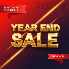 Year end sale golden 3d text on a vibrant red and dark gradient background with dynamic light effects and promotional ribbons