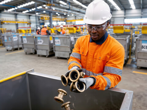 Industrial worker handling metal fittings in factory.