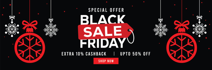 Festive Black Friday sale banner with hanging snowflakes and gift boxes, bold red and white typography on black background, special offer, extra cashback and discounts, modern holiday promotion design © bibin