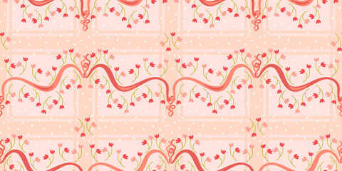 Floral seamless pattern with plaid, dots and curly ribbons. Pastel color elegant home decor, wallpaper or romantic interiors . Vector illustration