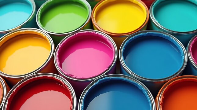 Vibrant colorful paint cans arranged closely, showcasing a spectrum of hues
