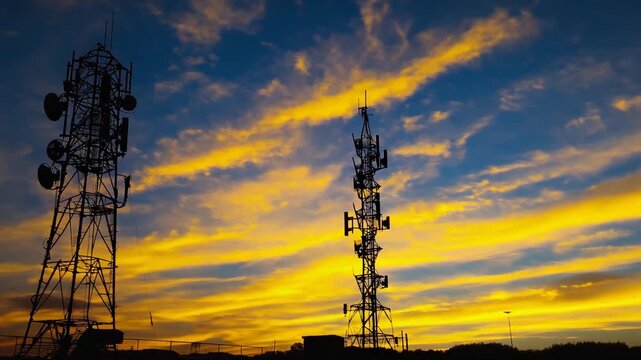 Two cellular communication towers silhouetted against a vibrant sunset sky with golden streaks, technology concept.